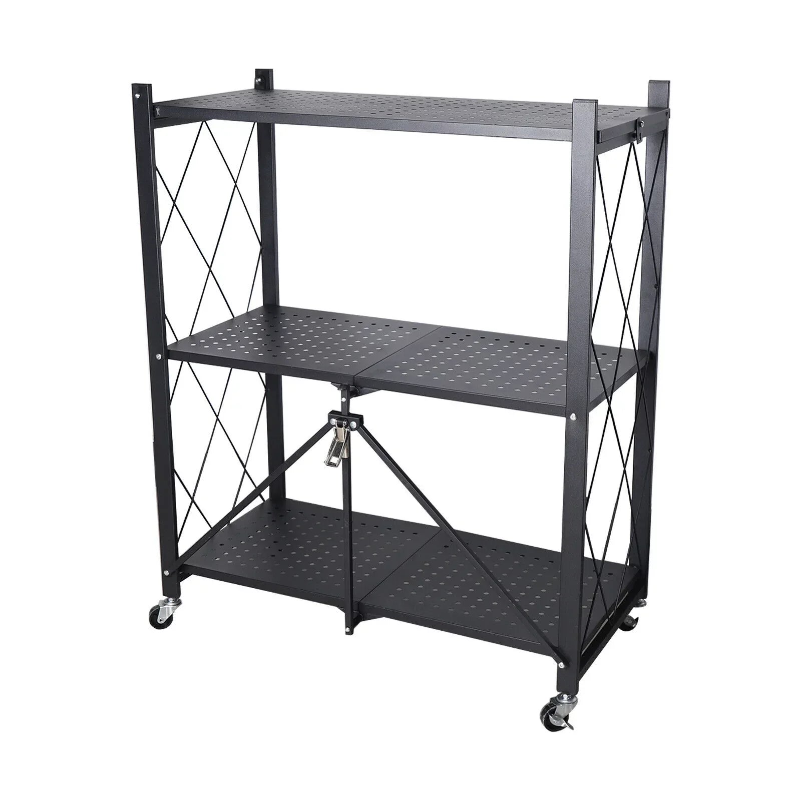 3-Tier Storage with Utility Shelves Metal Rack Kitchen Movable Trolley (Black) Cart Miumaeov Holder Foldable Rolling Wheel