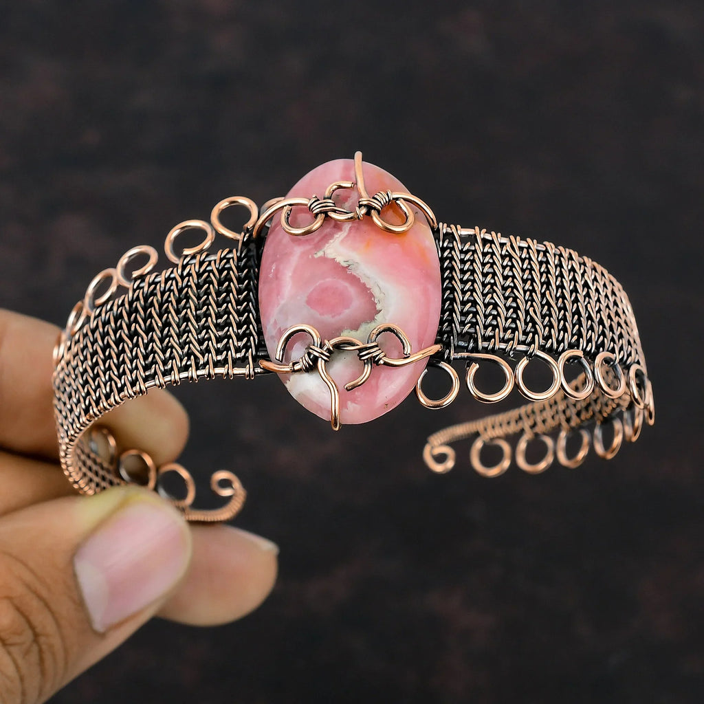 Gemstone Wrap Adjustable Wire Copper Jewelry Bracelet Cuff Rhodochrosite Bangle