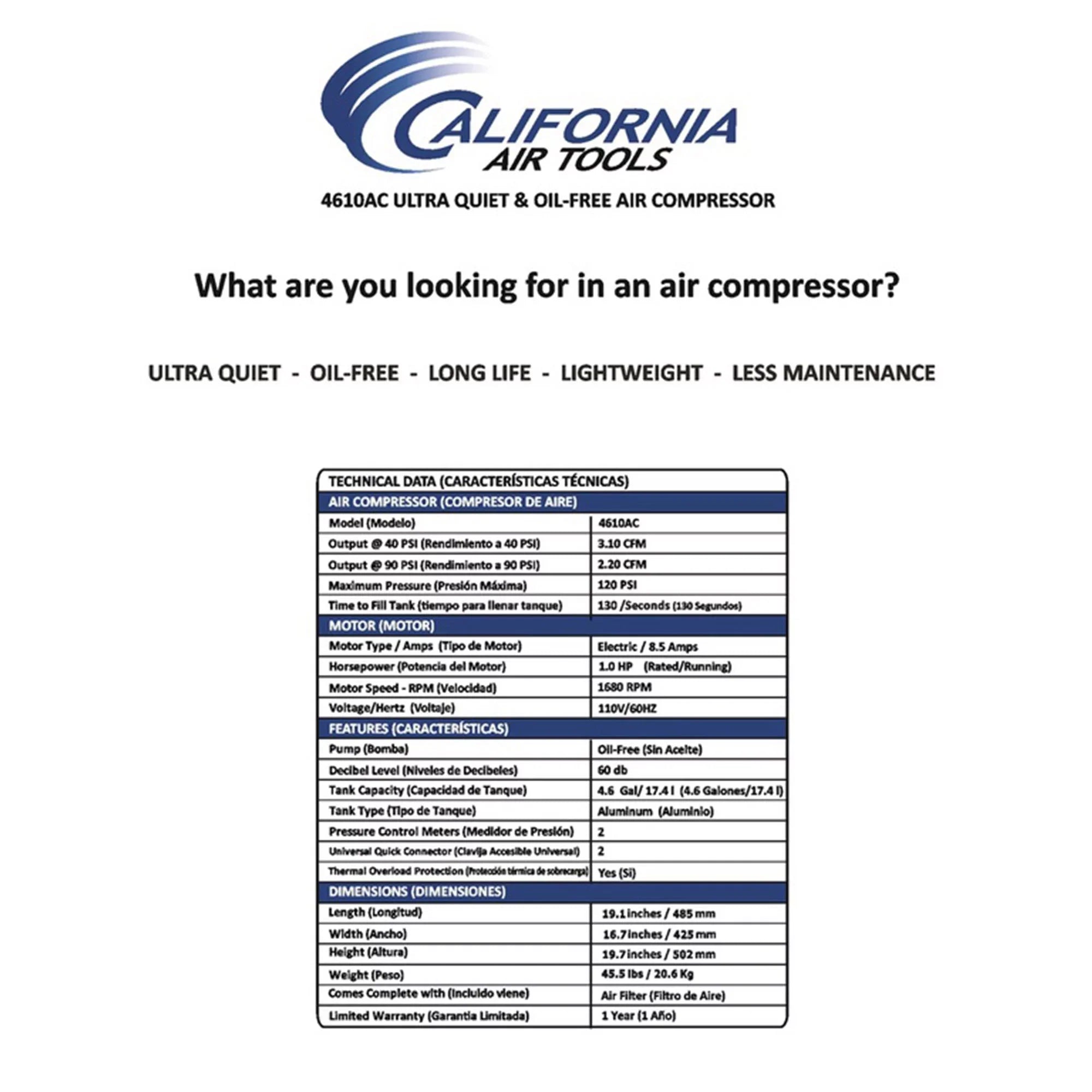 California Air Powerful Oil Quiet Free Tools Ultra 4610AC Air Compressor