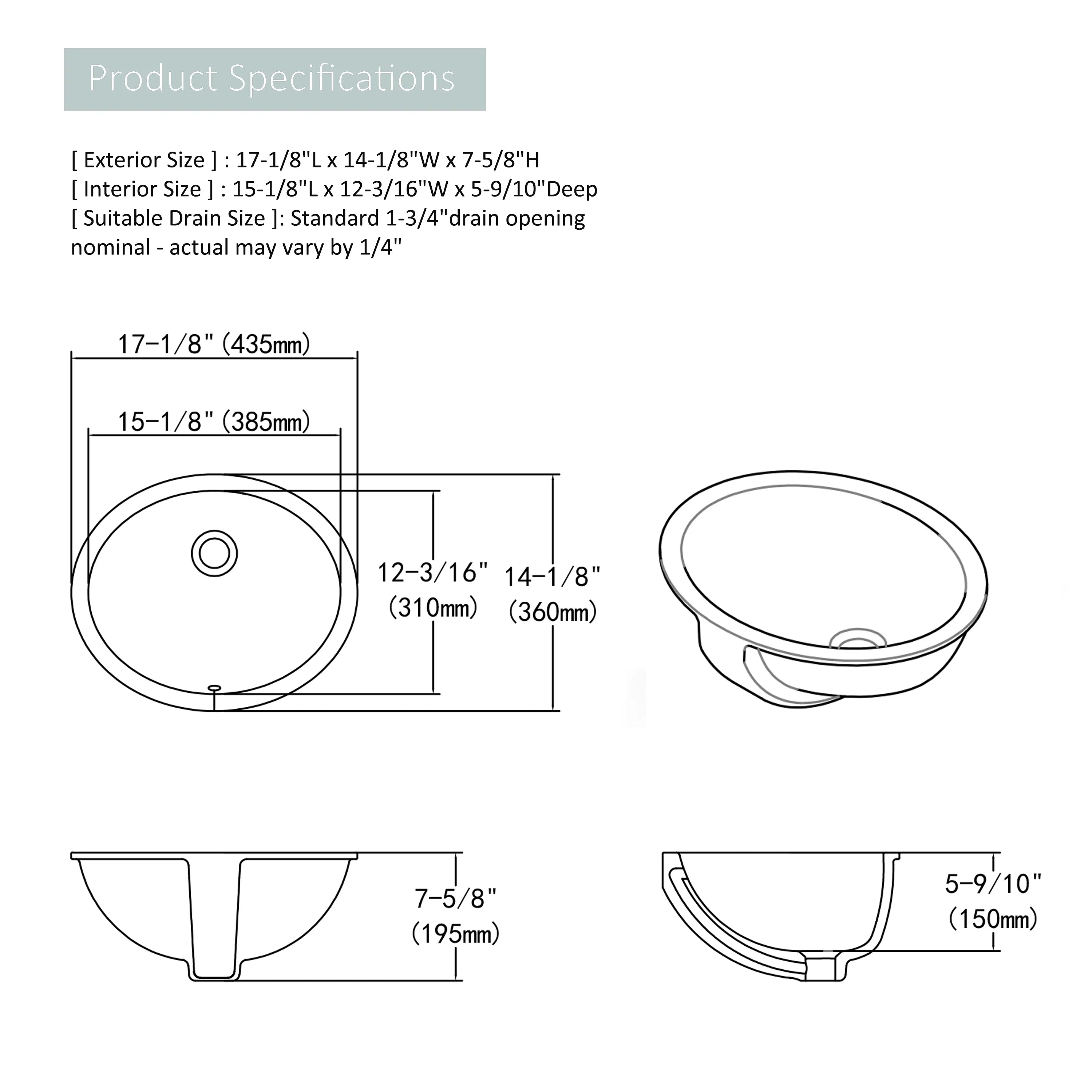 Bathroom Undermount Vessel Shape White Glossy Sink 17"x14" , Finished Ceramic MEJE Oval Sink