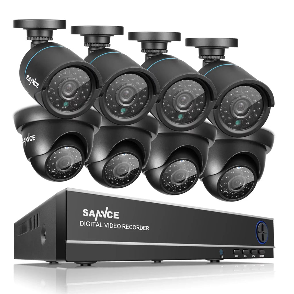 P2P , 720P and Access 1080N Surveillance System Camera (8) CCTV Night Technology/E-Cloud Remote IP66 8CH -No Scan Code Weatherproof Vision DVR HDD SANNCE QR Service, Full Security Cameras,