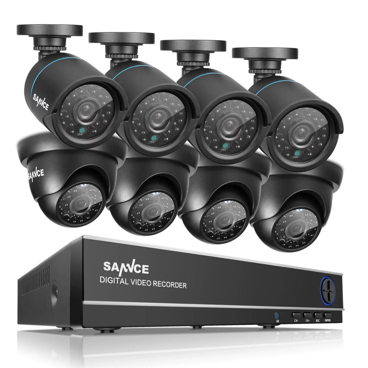 P2P , 720P and Access 1080N Surveillance System Camera (8) CCTV Night Technology/E-Cloud Remote IP66 8CH -No Scan Code Weatherproof Vision DVR HDD SANNCE QR Service, Full Security Cameras,