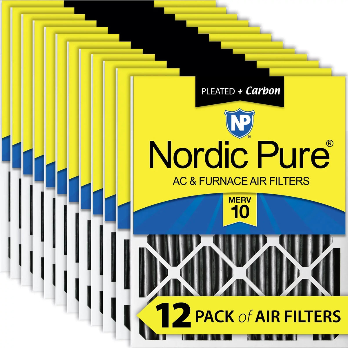 Pack 12 Carbon MERV Pleated 20x20x2 Plus Nordic Pure 10 Filters Pleated Air