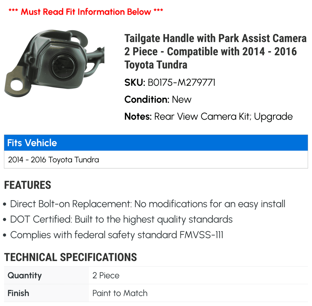 with 2015 Tailgate with 2016 Compatible 2 Handle Assist - Park Tundra Camera Piece Toyota 2014 -