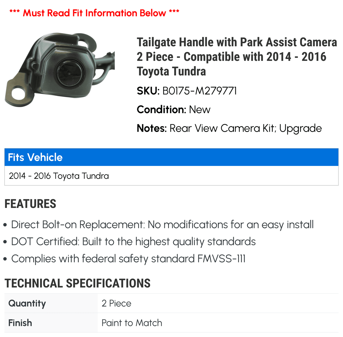 with 2015 Tailgate with 2016 Compatible 2 Handle Assist - Park Tundra Camera Piece Toyota 2014 -