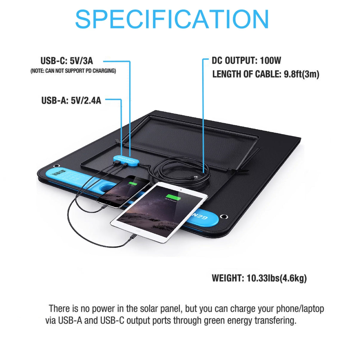 SolarPower Solar 100 Watts ports Portable GENEVERSE and Panel One USB-C built-in Monocrystalline USB-A with