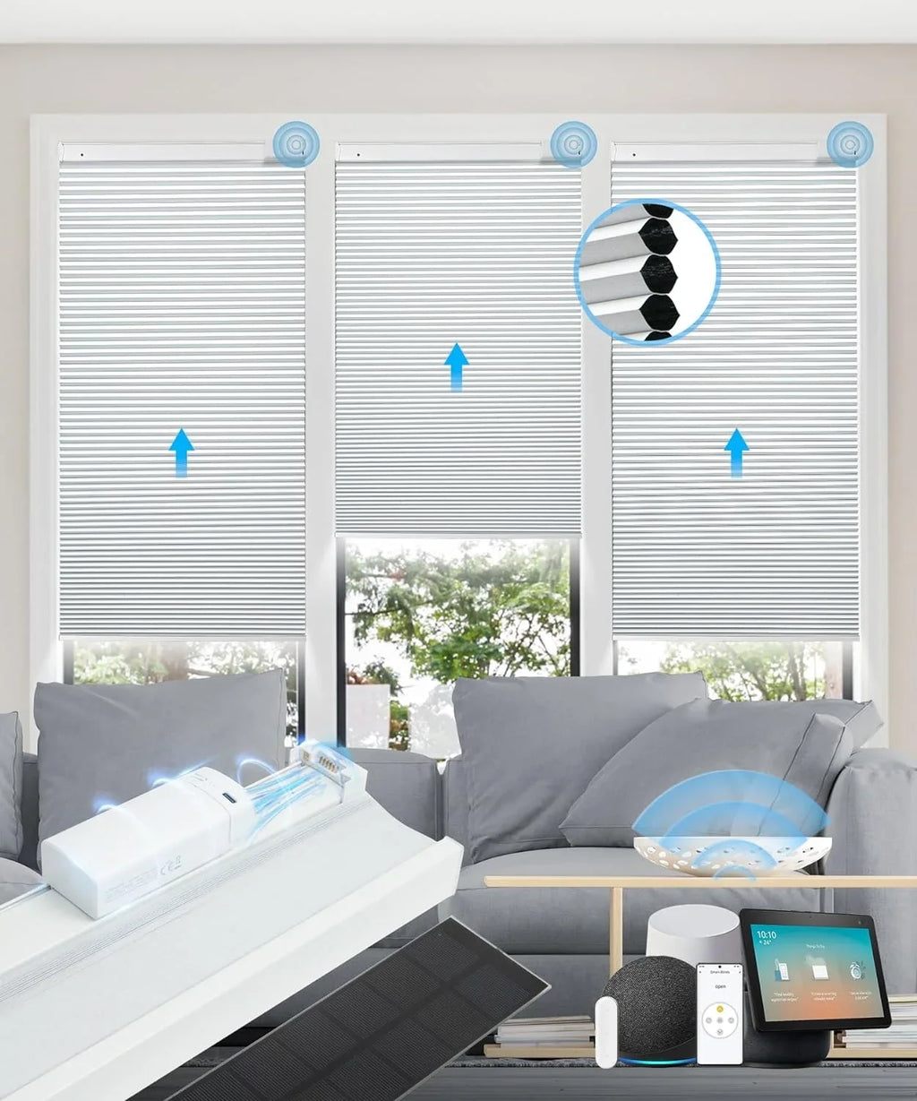 Cordless Rechargeable 100% Automatic Blackout Blinds, Panel】 Solar Solar with 29" Electric Motorized 【Free White Honeycomb Cellular with Wx64 Magnetic H, Remote, Powered Alexa Blinds Shades