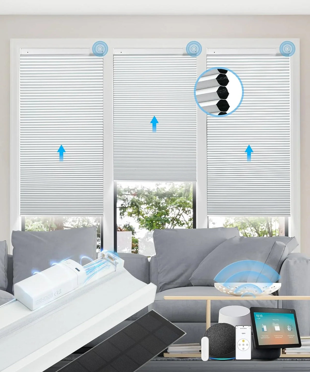 Cordless Rechargeable 100% Automatic Blackout Blinds, Panel】 Solar Solar with 29" Electric Motorized 【Free White Honeycomb Cellular with Wx64 Magnetic H, Remote, Powered Alexa Blinds Shades