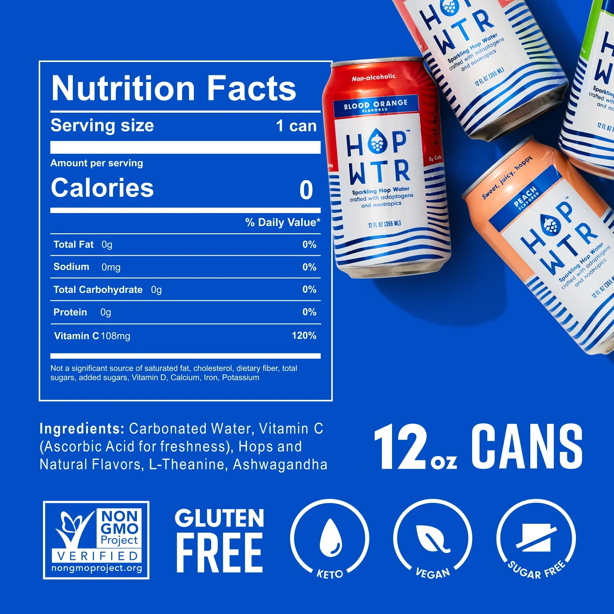 Benefits Cans) Sugar, oz - Adaptogens Beer, Added liquid Flavor No Low - - for or Carb, NA Hop Sparkling Pack and Calories (12 WTR Nootropics HOP (12 Pack) With
