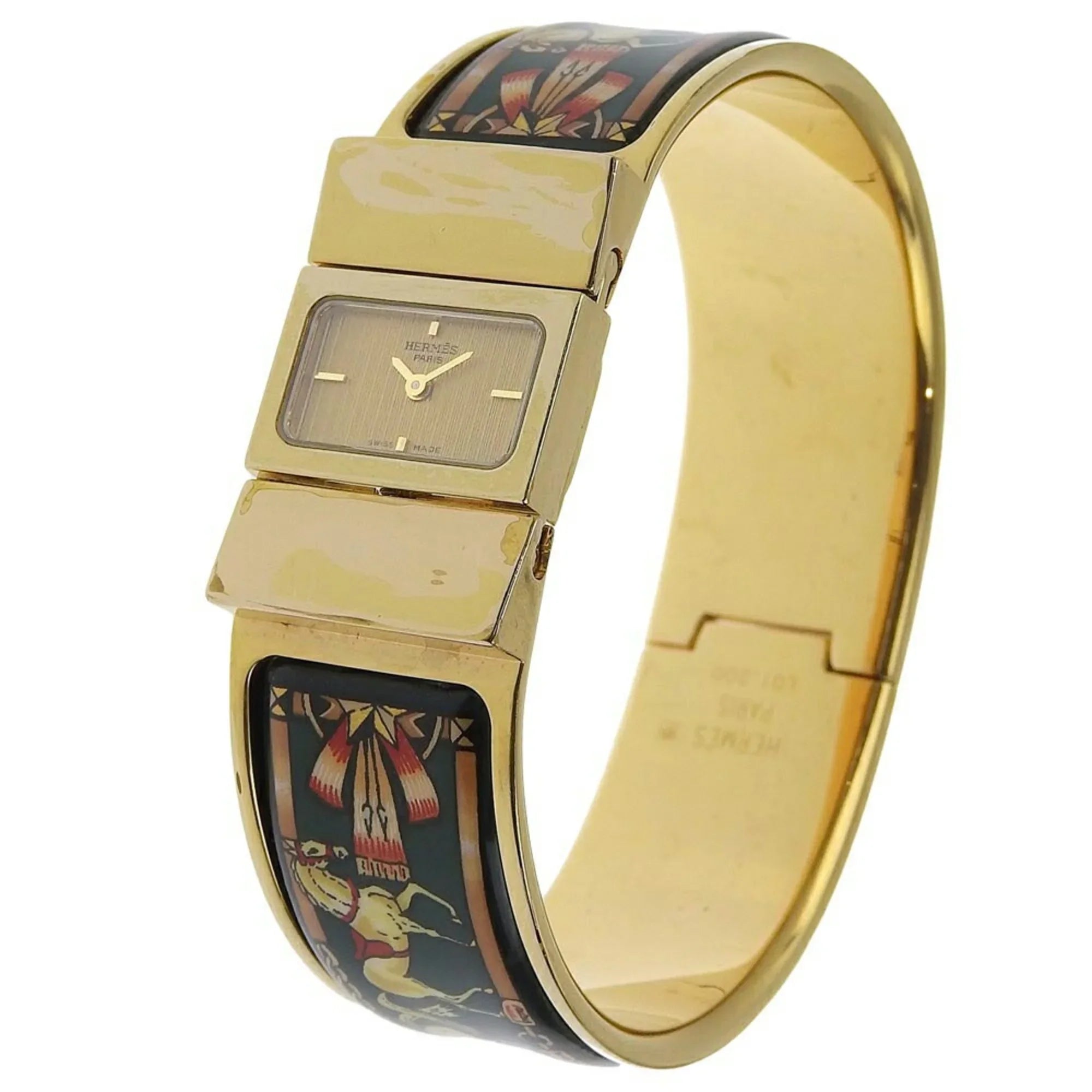 Watch Analog (Fair) Dial Swiss Location Plated Quartz Display Gold Green Ladies LO1.201 Cloisonné Made Pre-Owned HERMES
