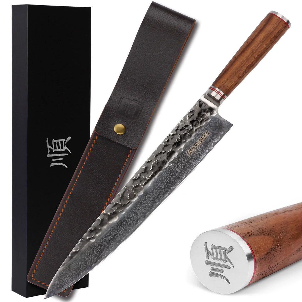 Sheath Chef Hammered Steel Pro Damascus Walnut 12 with Leather YOUSUNLONG - Handle Natural Wooden Gyuto Japanese inch Knife