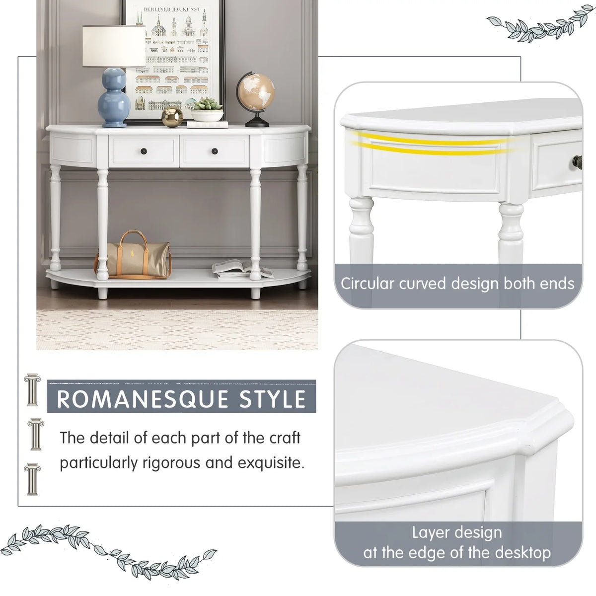 (White Curved Console Wooden Drawers Design design Frame Table WF298768AAK) and Top SKU Circular Solid OLD Shelf Retro Open Legs Two with TREXM