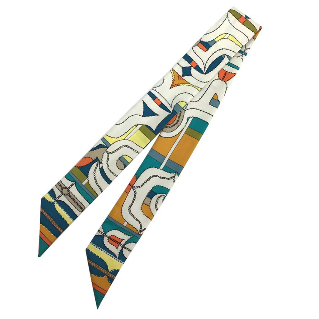 HERMES (Good) Pre-Owned Scarf 100% x Muffler Orange Hermes White Silk Twilly Blue