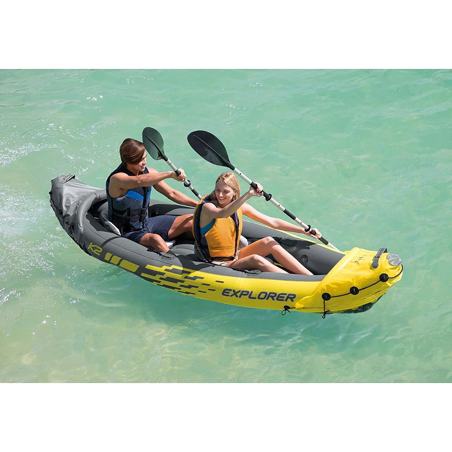 Pack) Set Person Inflatable Kayak Air (3 and K2 Pump, Explorer Yellow Intex 2