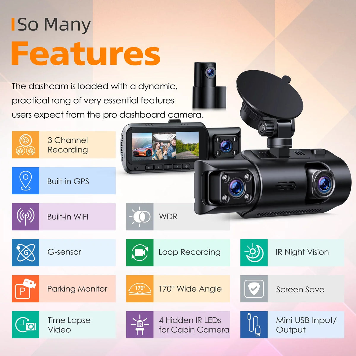 Recording, and Camera Channel Front 3 Inside Car G-sensor, Loop Cam Motion 4K GPS, Parking Monitor, Rear Vision, TOGUARD Night Rear IR Camera Front Detection with Dash Dash