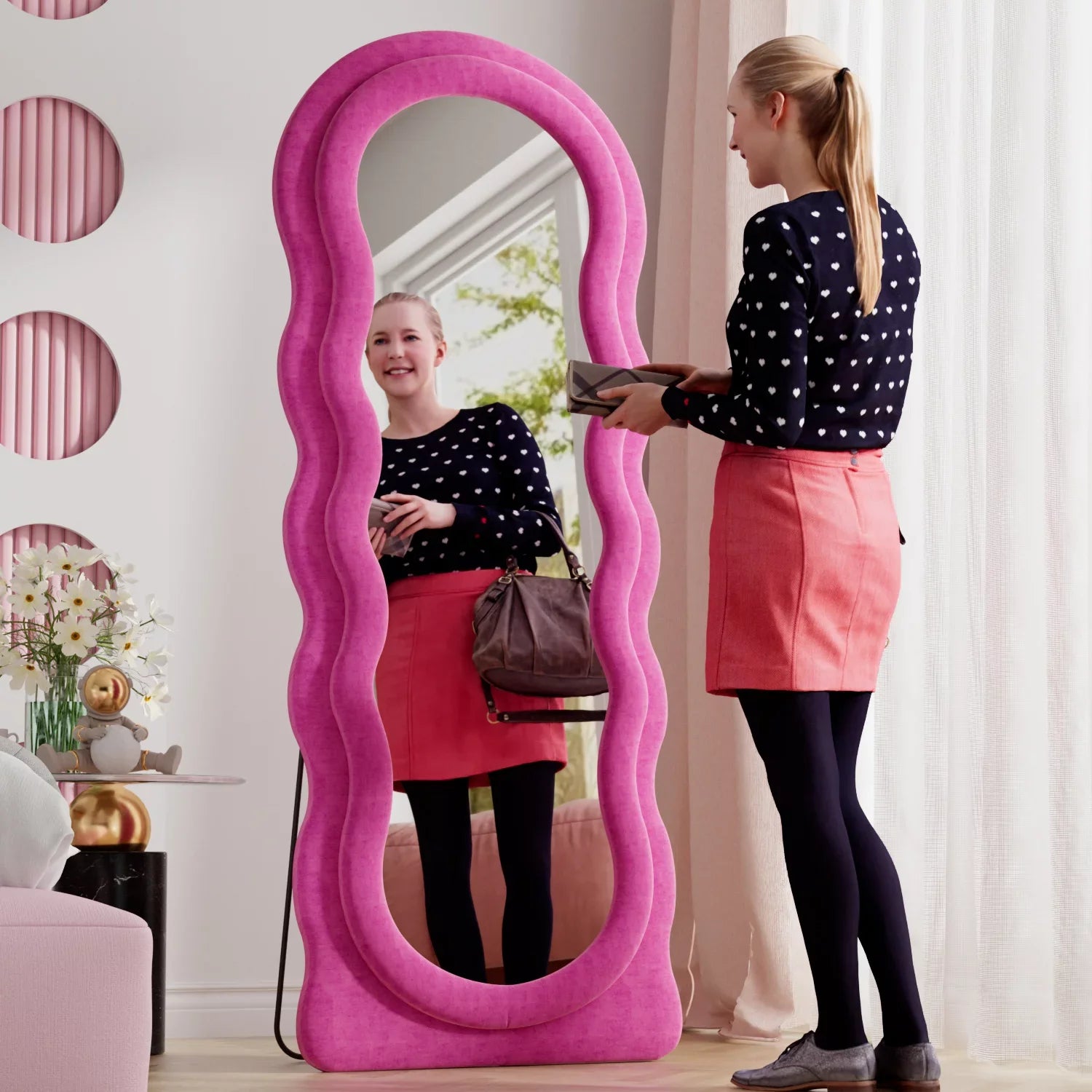 for Mounted VLUSH Length Wavy 63"x24" Wall Mirror Floor with Mirror Freestanding Mirror, Bedroom Full Stand, (Pink)