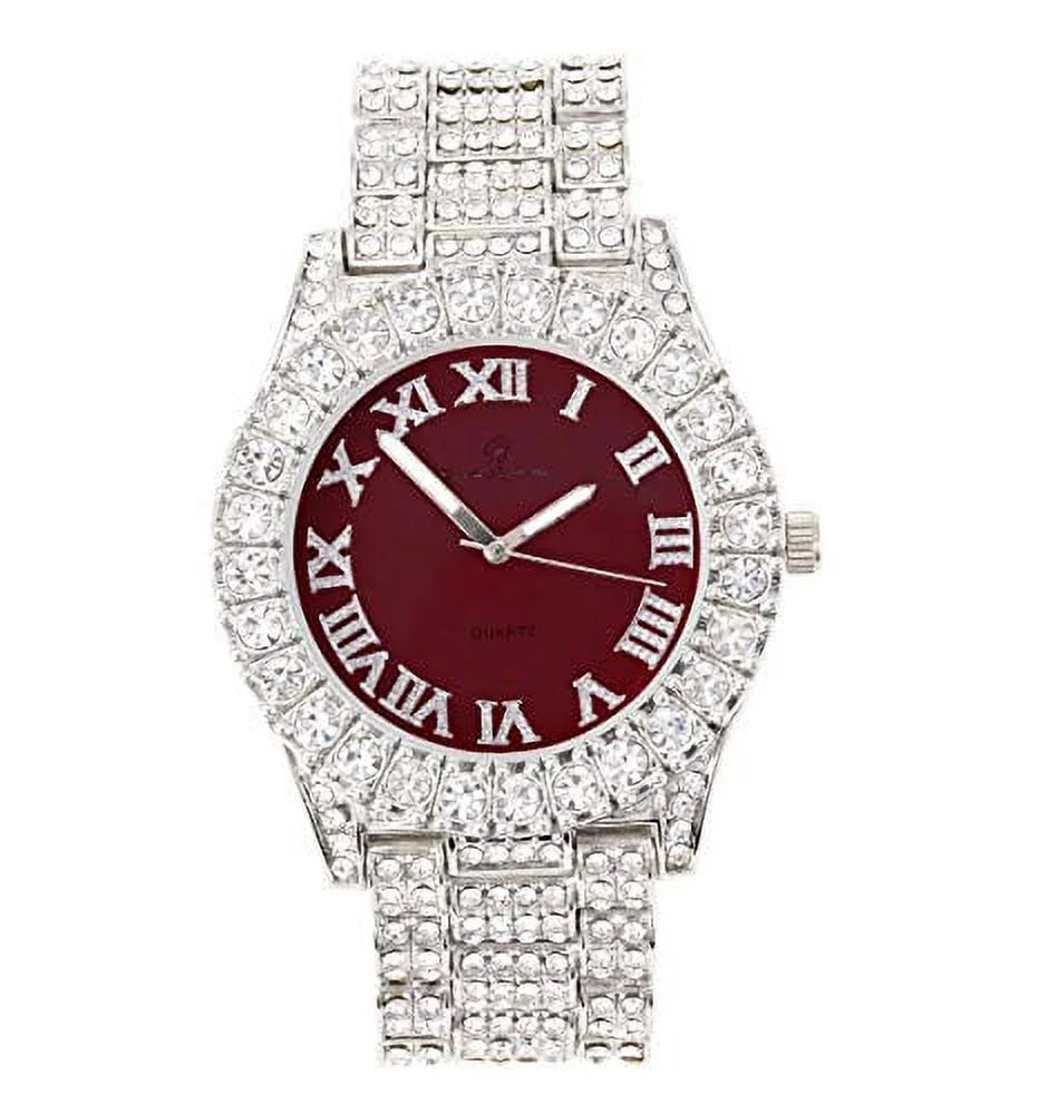 (Silver Colored Rocks Out Watch - Roman Dial Numerals Burgundy) with Women's ST10327LA - Bezel Fully Iced Big