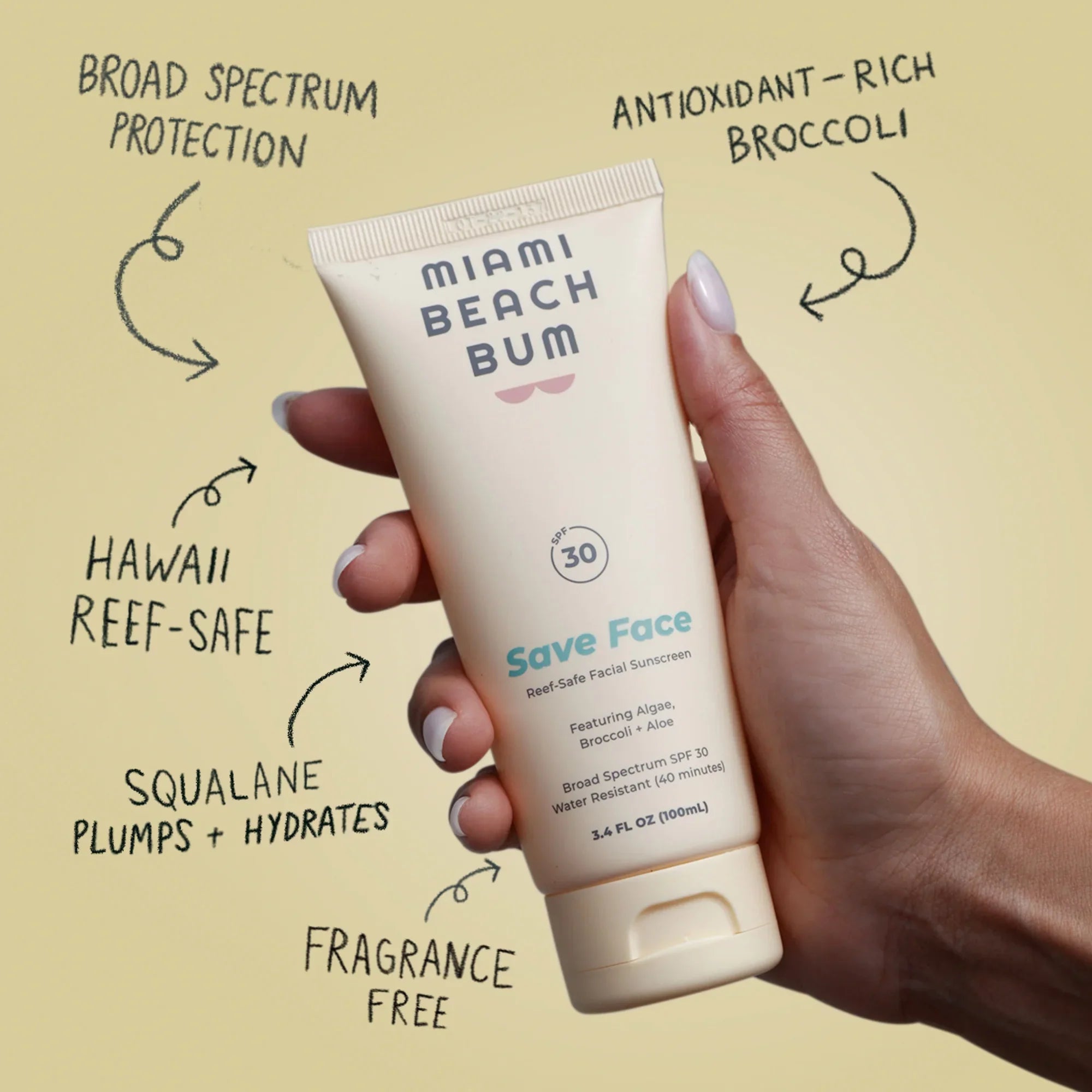 Resistant Fragrance-free, Reef-Safe SPF30/ Min liquid Face Mineral 40 3.4oz Miami Bum Broccoli Beach Cream,