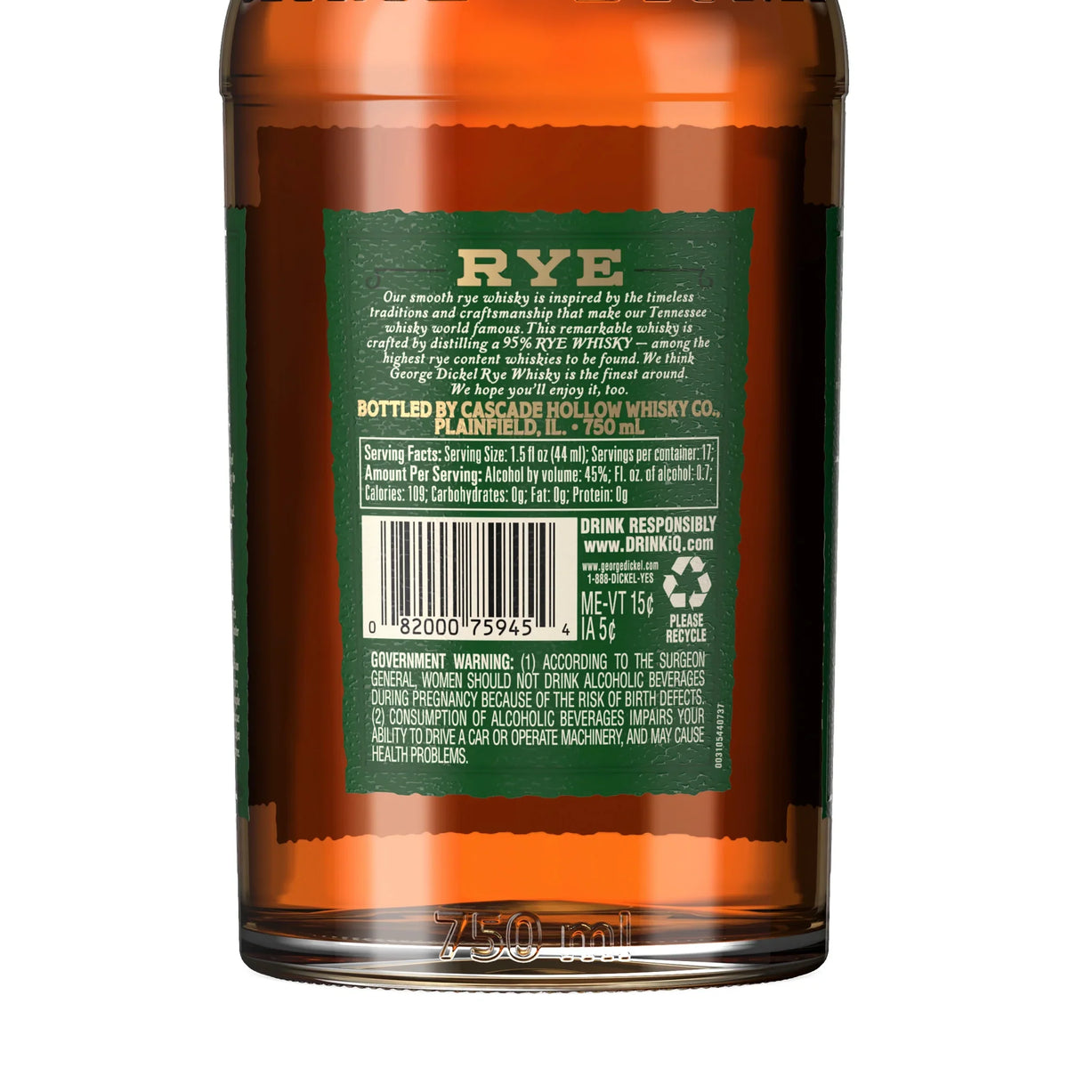 750 Rye Whisky, ABV George Dickel 45% mL,