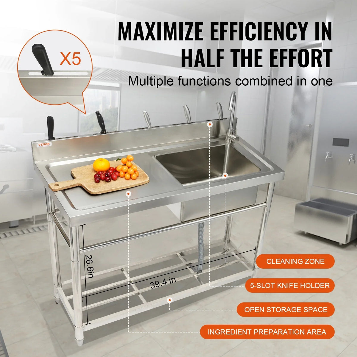 39.4 x 37.4 x & BENTISM Prep Sink Utility Bowl Commercial w/Workbench in Single 19.1