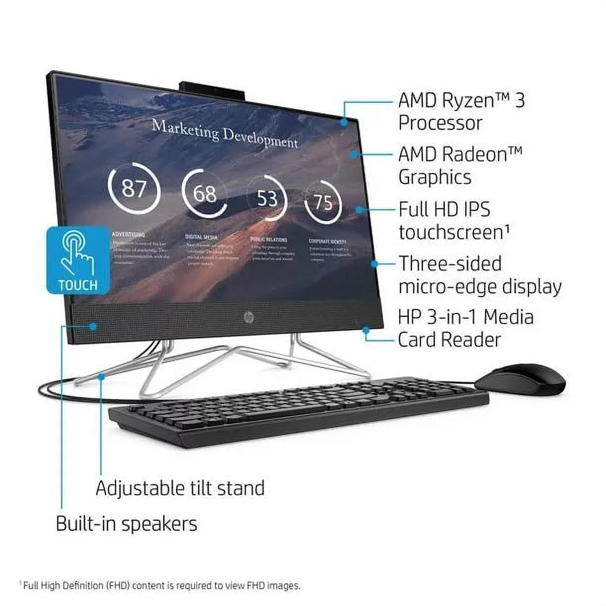 RJ-45, 22" 3250U, FHD Ryzen DVD-RW, Newest Keyboard&Mouse, USB 512GB HP Black Wired HDMI, 3 AMD Windows 2022 Screen, Touch 12GB All-in-One SSD, Desktop, 11 Webcam, Home, RAM, WiFi,