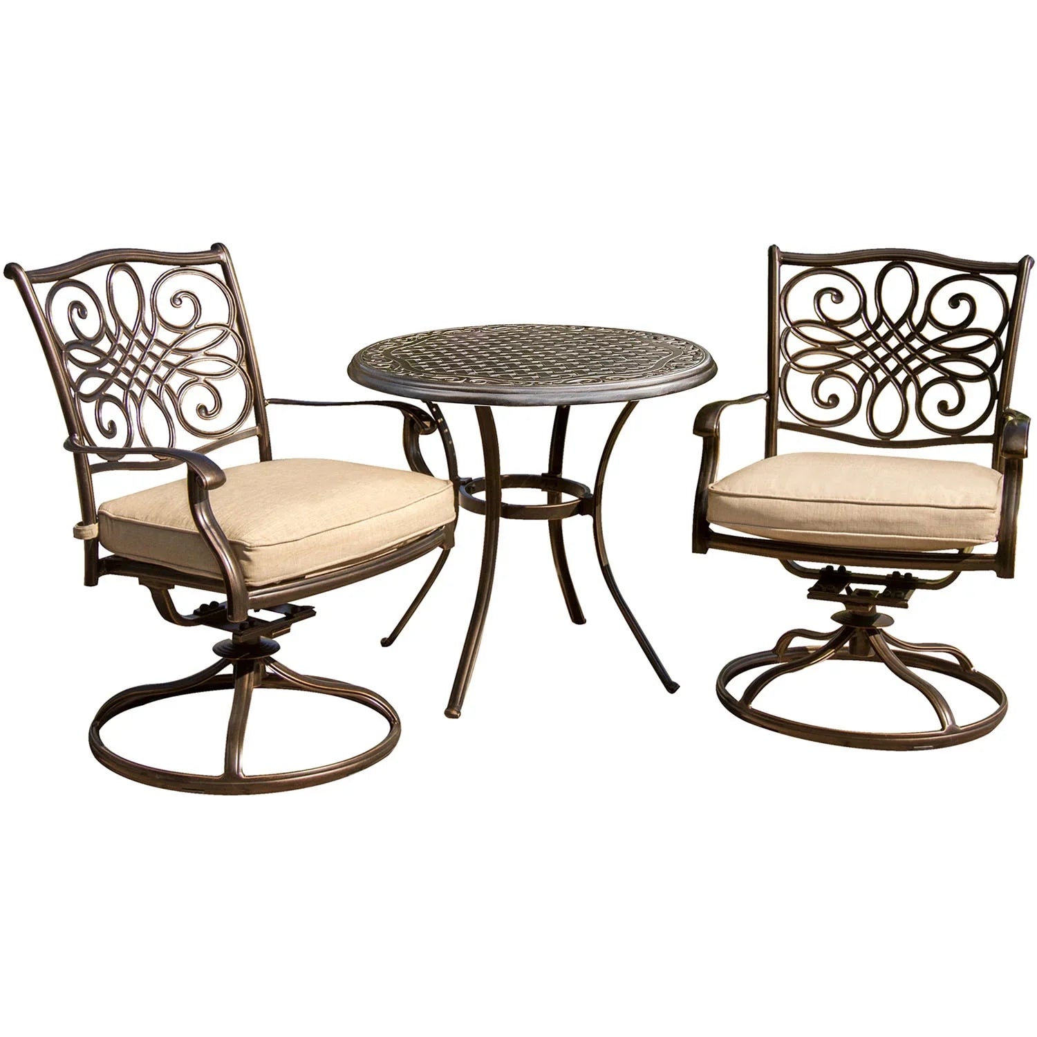 Table Two in. Seasons Swivel Set, Bistro Tan Aluminum 3-Piece Rockers,32 Dining Cambridge Round
