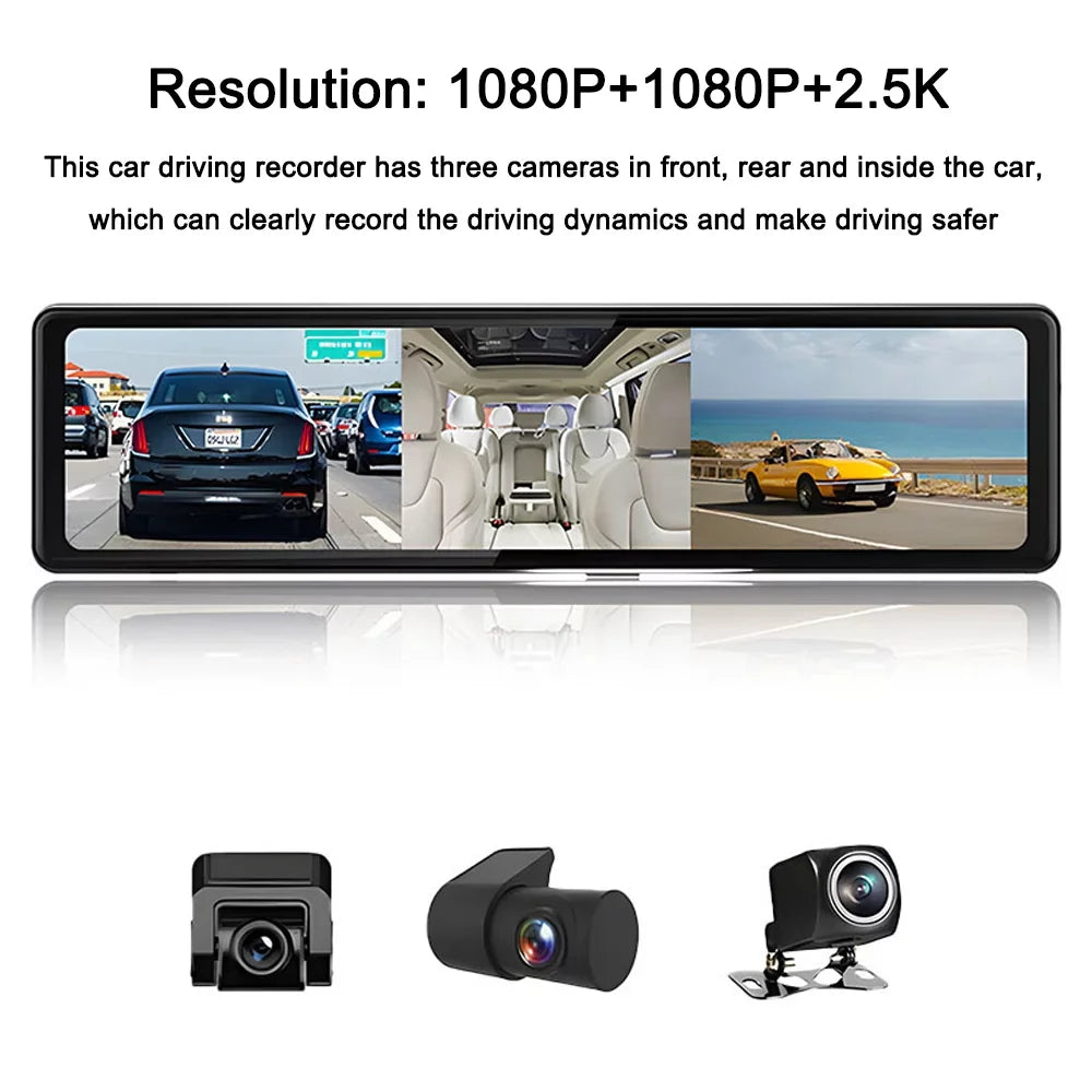 Video Recorder Andoer Screen Mirror Car Car Rearview Cam Car Recording Recorder 3 Clear Driving Auto Dash Cameras 2.5K 12in Touched Carplay