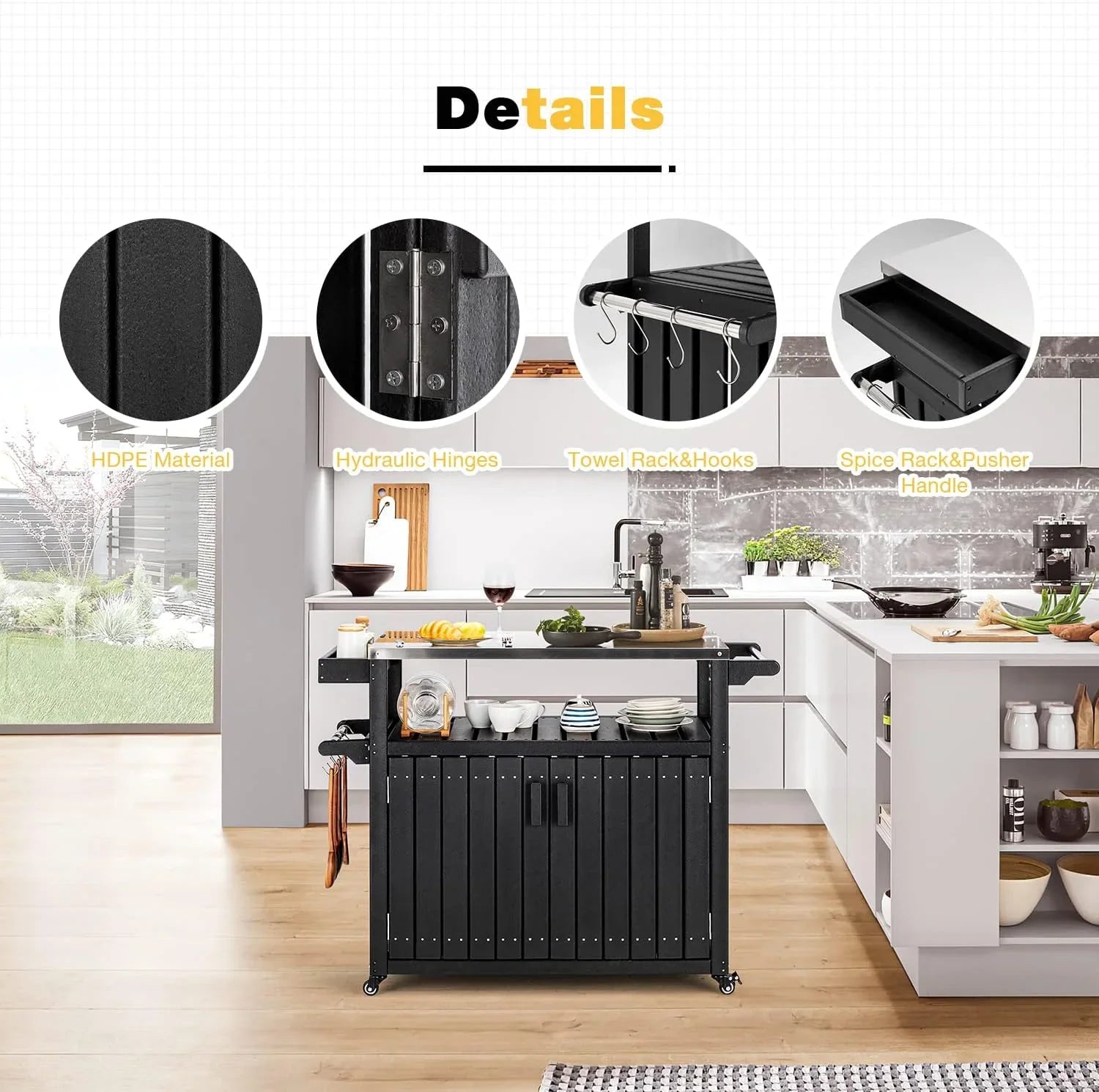 Rack, Top Spice Rolling Kitchen Cabinet, Storage With Island HDPE Black Island Table Towel Stainless Hooks, With Kitchen And Rack, Cart, Steel