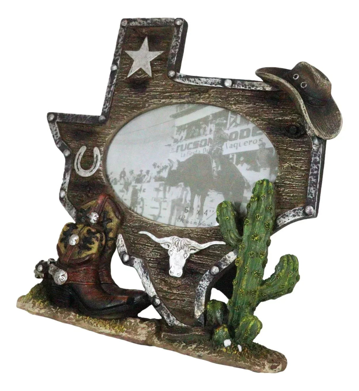 Map State Texas Rustic Cactus Picture 4"X6" Longhorn Boot Western Cowboy Frame