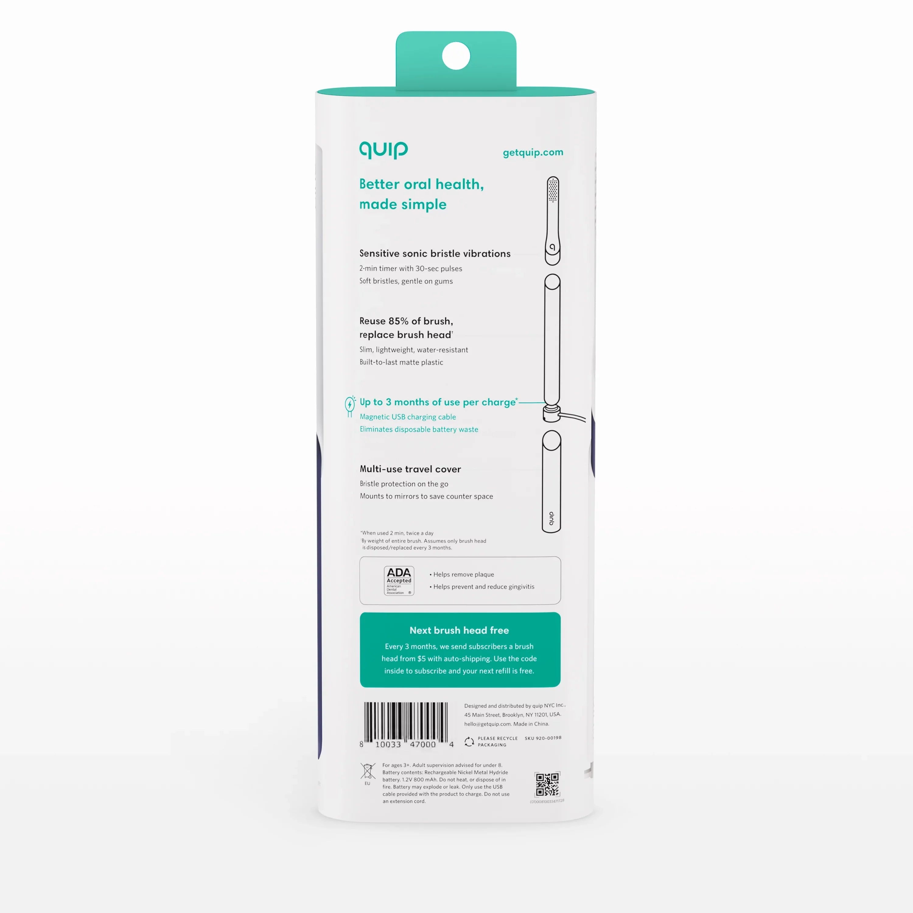 Full Midnight Electric Head, Rechargeable Adult Quip Toothbrush