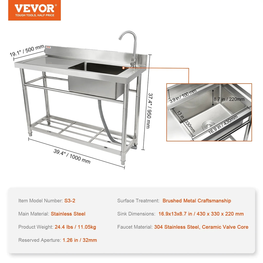 39.4 x 37.4 x & BENTISM Prep Sink Utility Bowl Commercial w/Workbench in Single 19.1