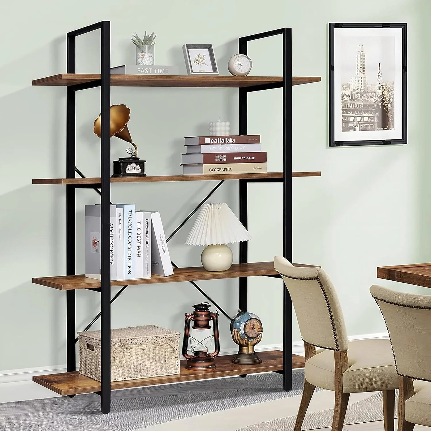 Rustic Open for 4-Tier Bedroom, Frame, Book Bookshelf, with Home Shelves Living Tall Office, Brown Display Shelf, Bookcase Metal Room, DIQIN