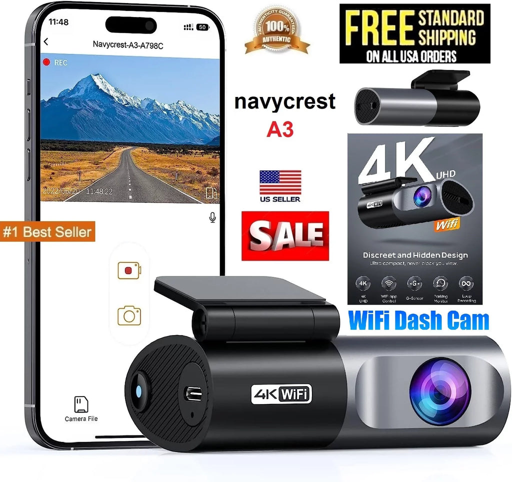 App, Dash WiFi navycrest G-Sensor, Recorder for Support 256GB Recording, Camera Cars, Mode, Cam 24 Hours Max Front 4K 2160P Vision, Parking Loop A3 Night with