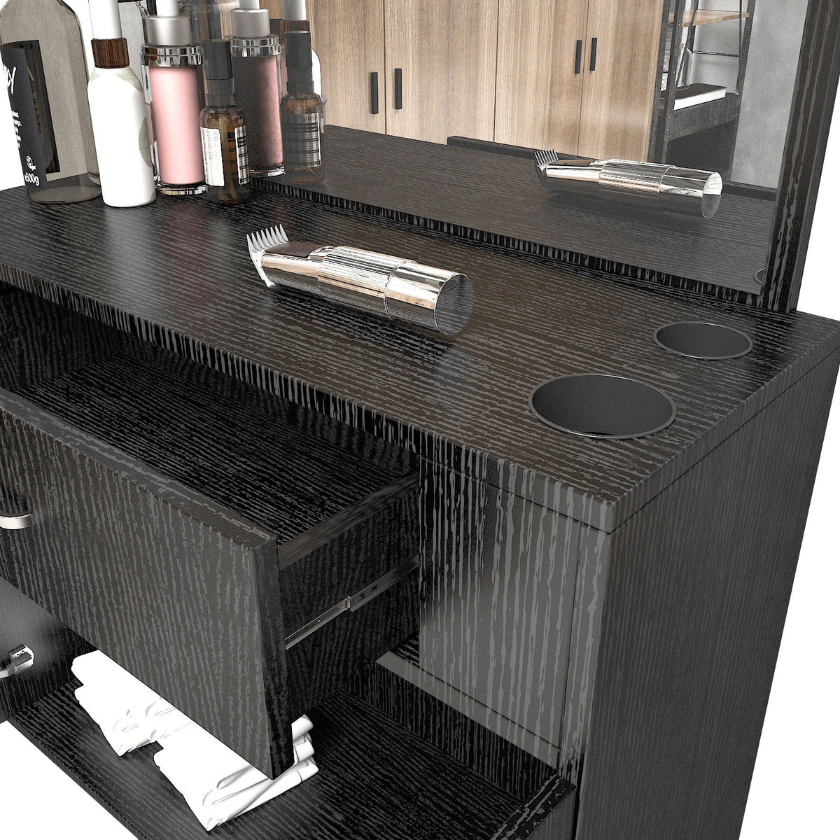 (Black) Styling Drawer, 2 Spa Station Doors Salon Mount Hair Artist Wall Mirror, Makeup Hand with Barber