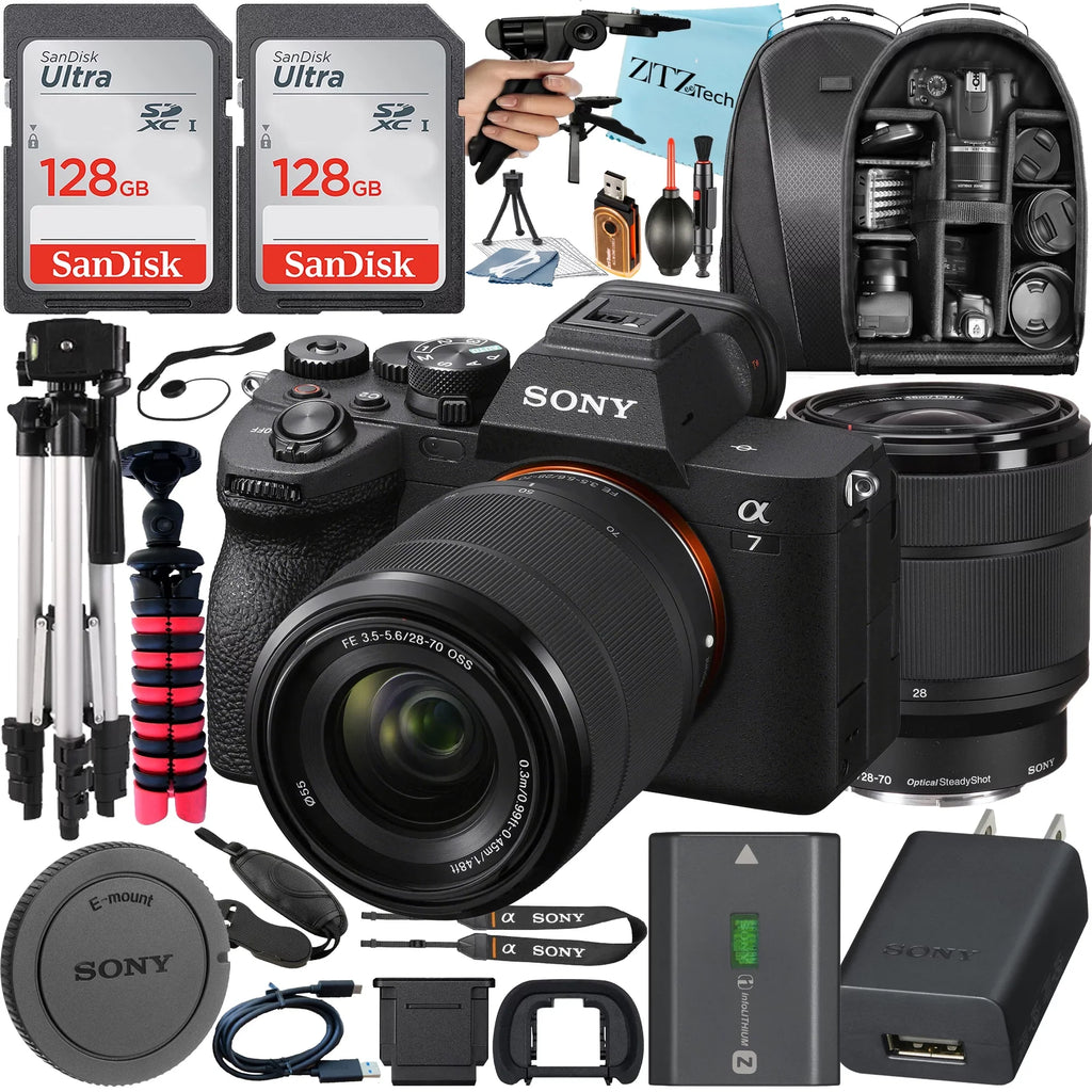 28-70mm 2 Pack FE Alpha Mirrorless Digital 128GB Accessory Camera + Tripod + + Lens + Case SanDisk ZeeTech IV Bundle a7 with Card