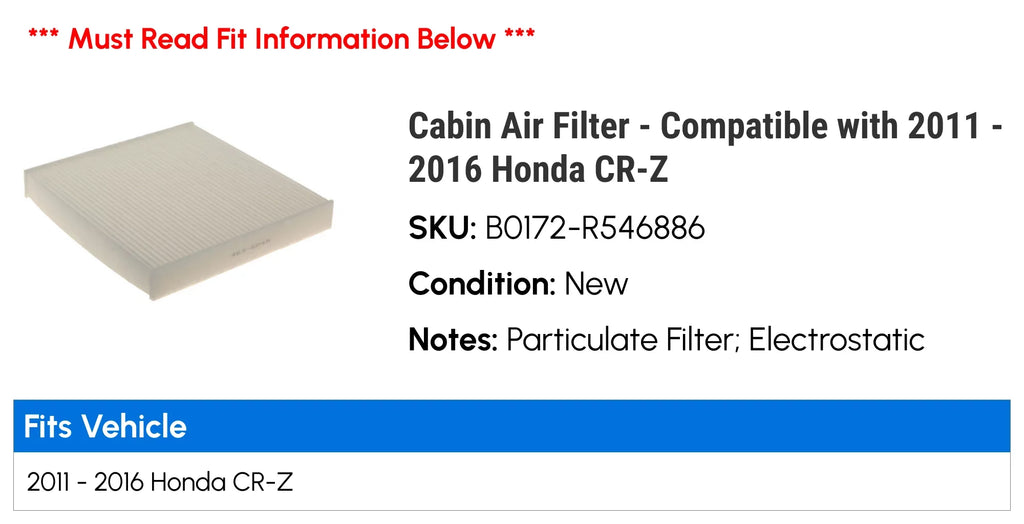 Honda Air 2015 - Cabin CR-Z 2013 with 2011 - 2012 Compatible Filter 2016 2014