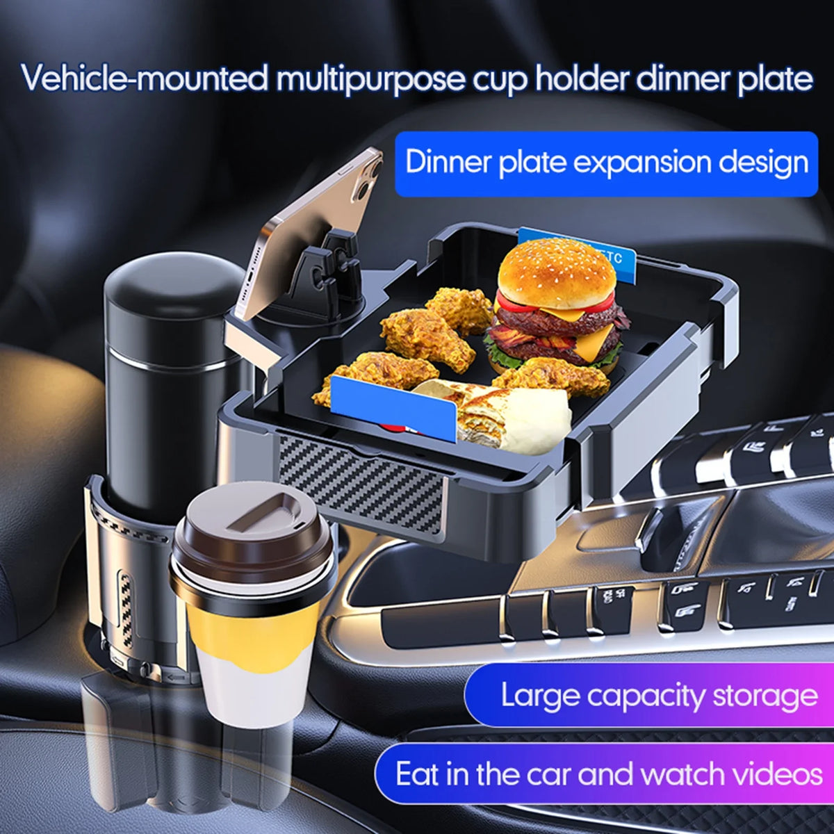 Snack Cup Dual and for Holder Expander 4IN1 moobody Car Tray Versatile Cup Drinks Storage Rack, Tray Multifunctional Phones, Holder