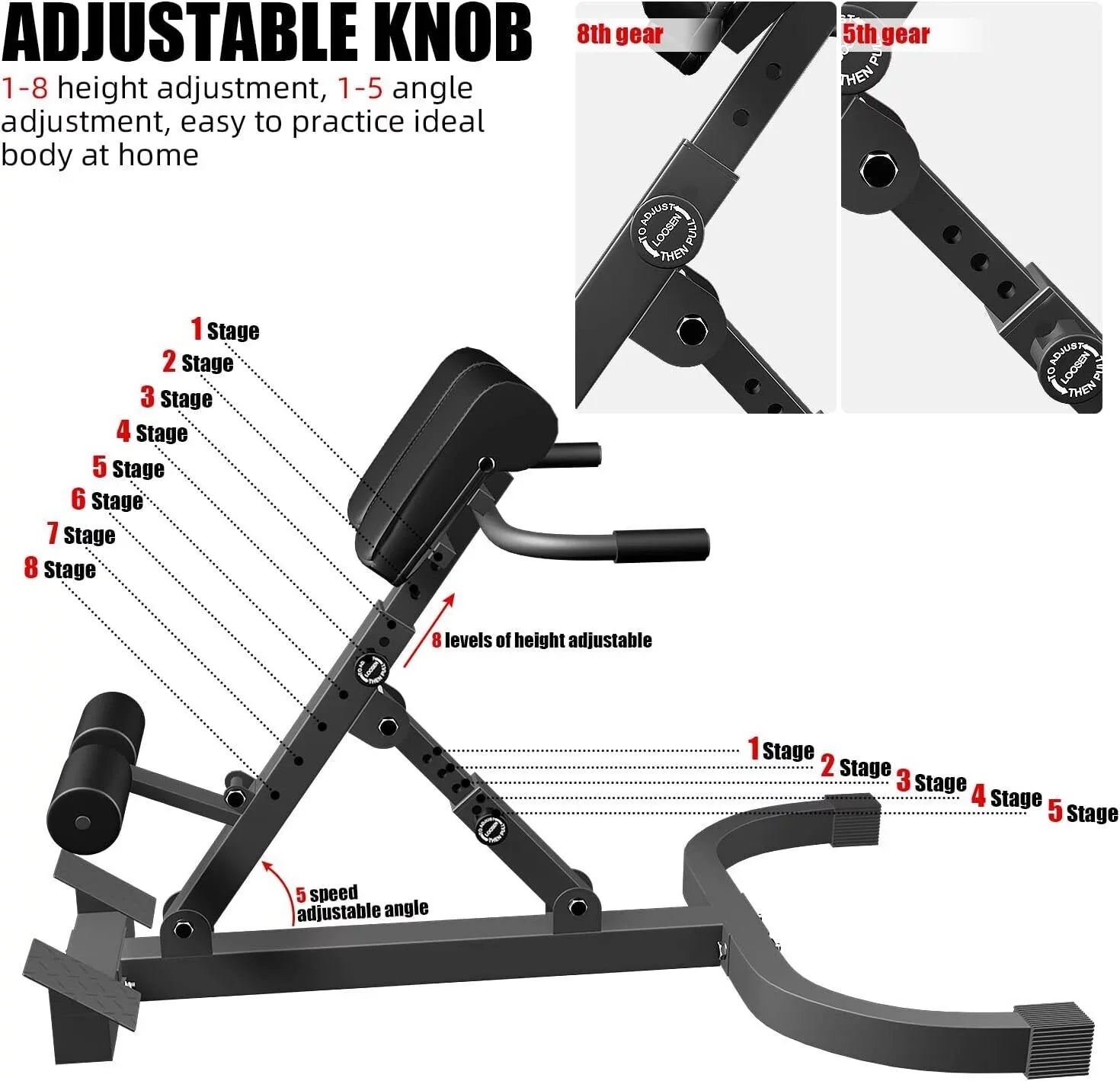 Adjustable Back Machine, Bench Roman in Multi-Functional Extension Hamstring Bench Chair Hyperextension 40.55*27.55*44.48 - Black