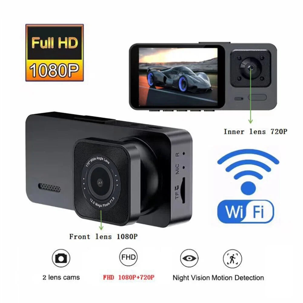 Onemayship Rear DVR Video 3 Inside Front Camera Dash Car Cam Recorder Lens G-Sensor 1080P