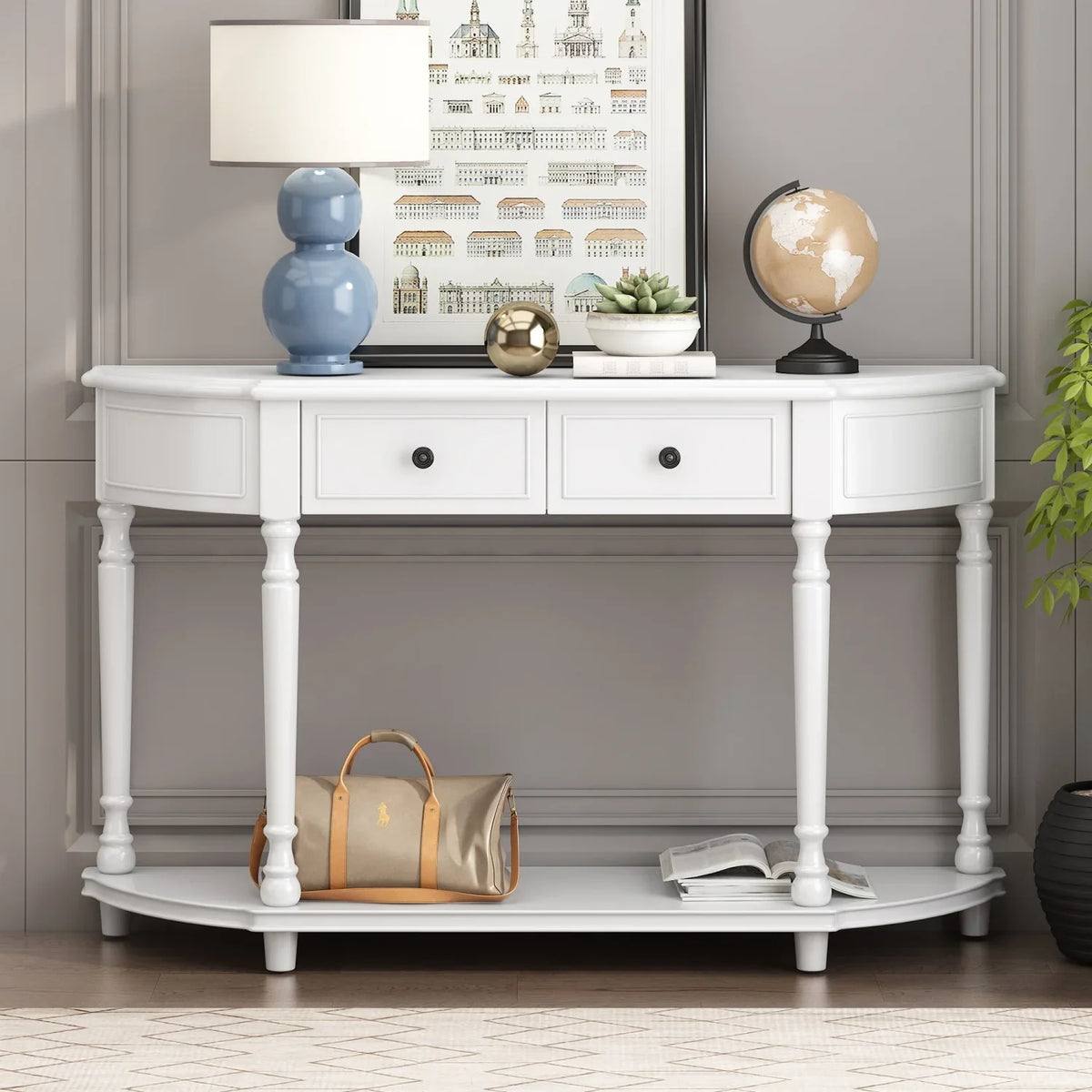 (White Curved Console Wooden Drawers Design design Frame Table WF298768AAK) and Top SKU Circular Solid OLD Shelf Retro Open Legs Two with TREXM