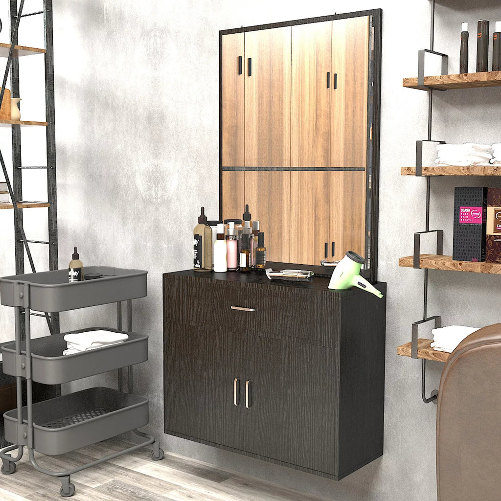 (Black) Styling Drawer, 2 Spa Station Doors Salon Mount Hair Artist Wall Mirror, Makeup Hand with Barber