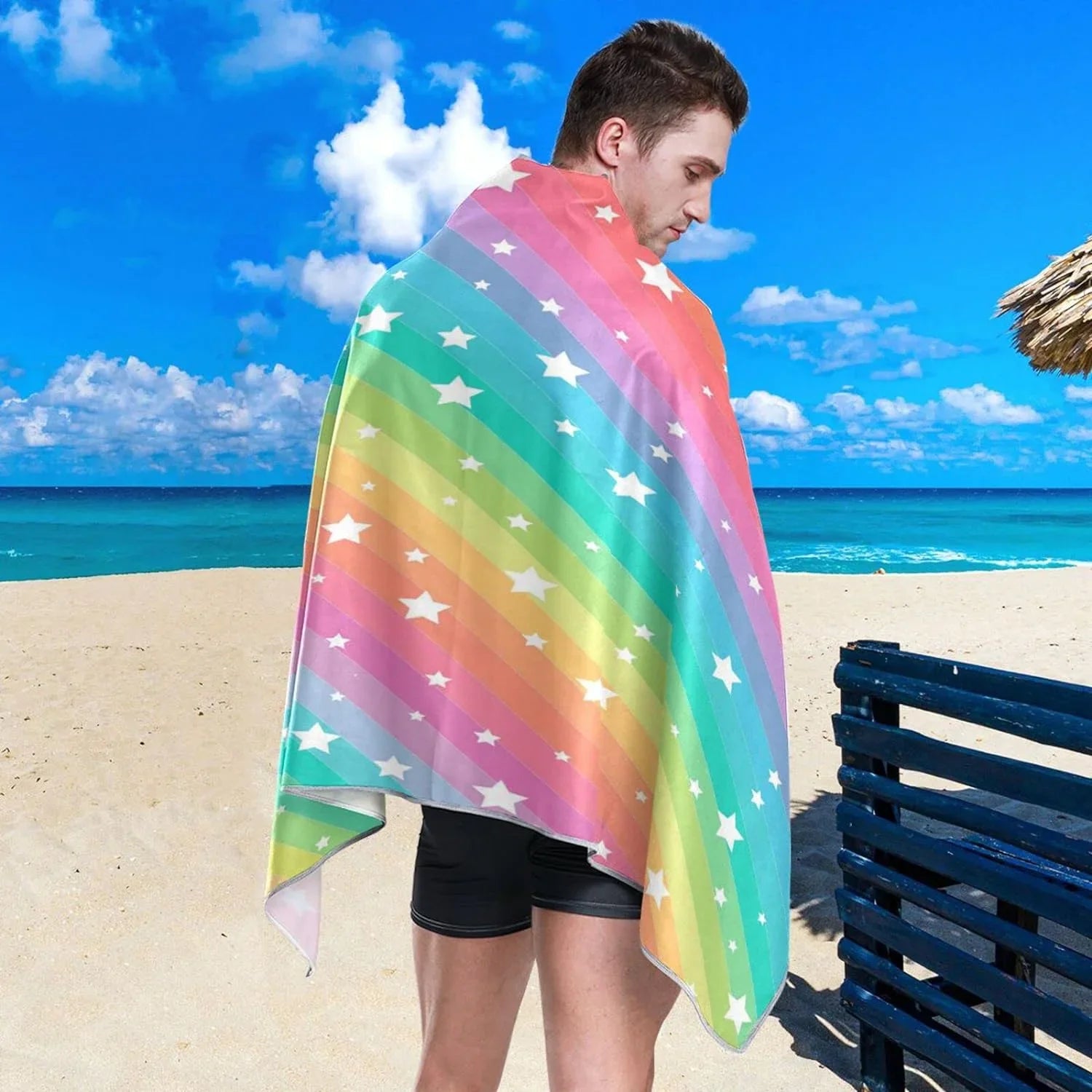 Beach Multipurpose Towel Microfiber Bestwell Bath 30”X60” Swim Star Dry Rainbow Quick Blanket, Lightweight Shower Towel, Pool Towel Sand Free Oversized Yoga Thin Towel