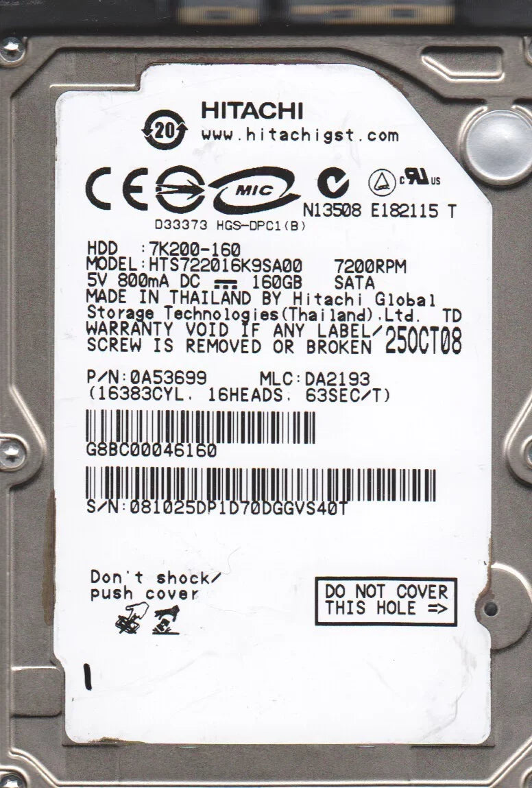PN SATA Drive MLC Hitachi HTS722016K9SA00, 2.5 DA2193, 160GB 0A53699, Hard