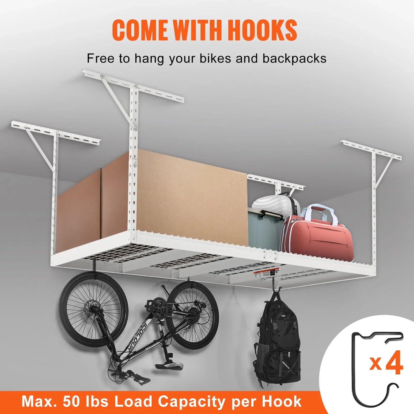 Storage 600 White 48x96" Rack Rack Ceiling lbs Overhead Adjustable Garage SKYSHALO