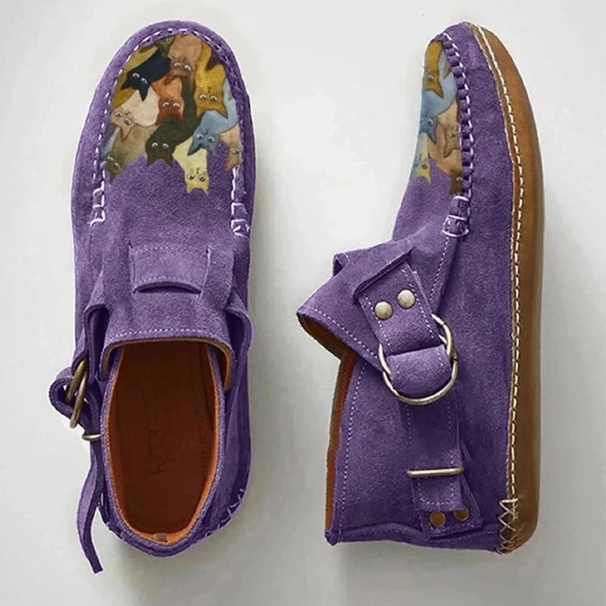 Casual Boots Leather Comfort boots women's Printed Cat Flat Button Female Ankle Cartoon