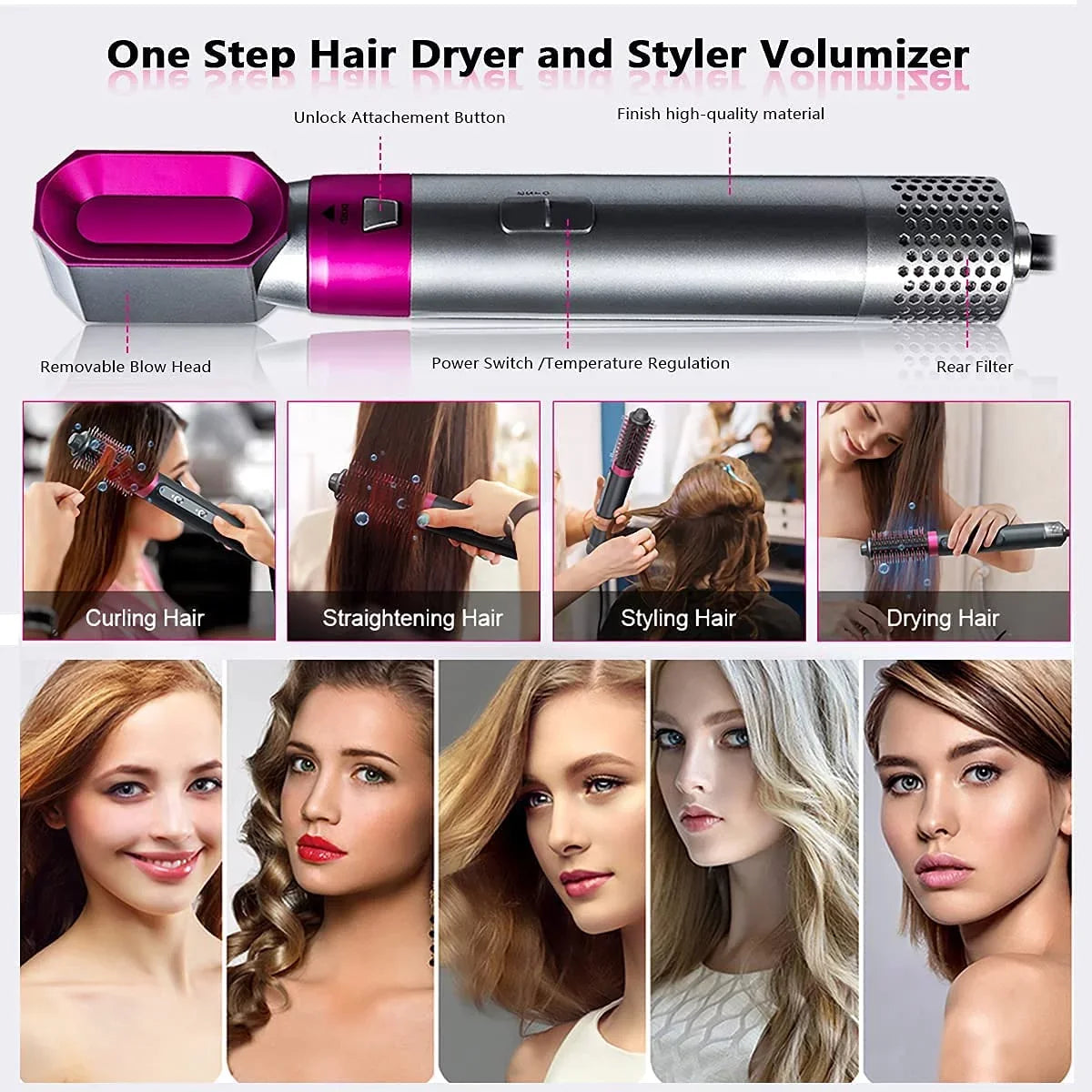 Brush - with Styler PinkGold Color: Electric Automatic Straightening - Hair Heads and Styling, Ionic 5-in-1 Curling Brush Negative Hair Dryer Blow Brush Detachable for Dryer