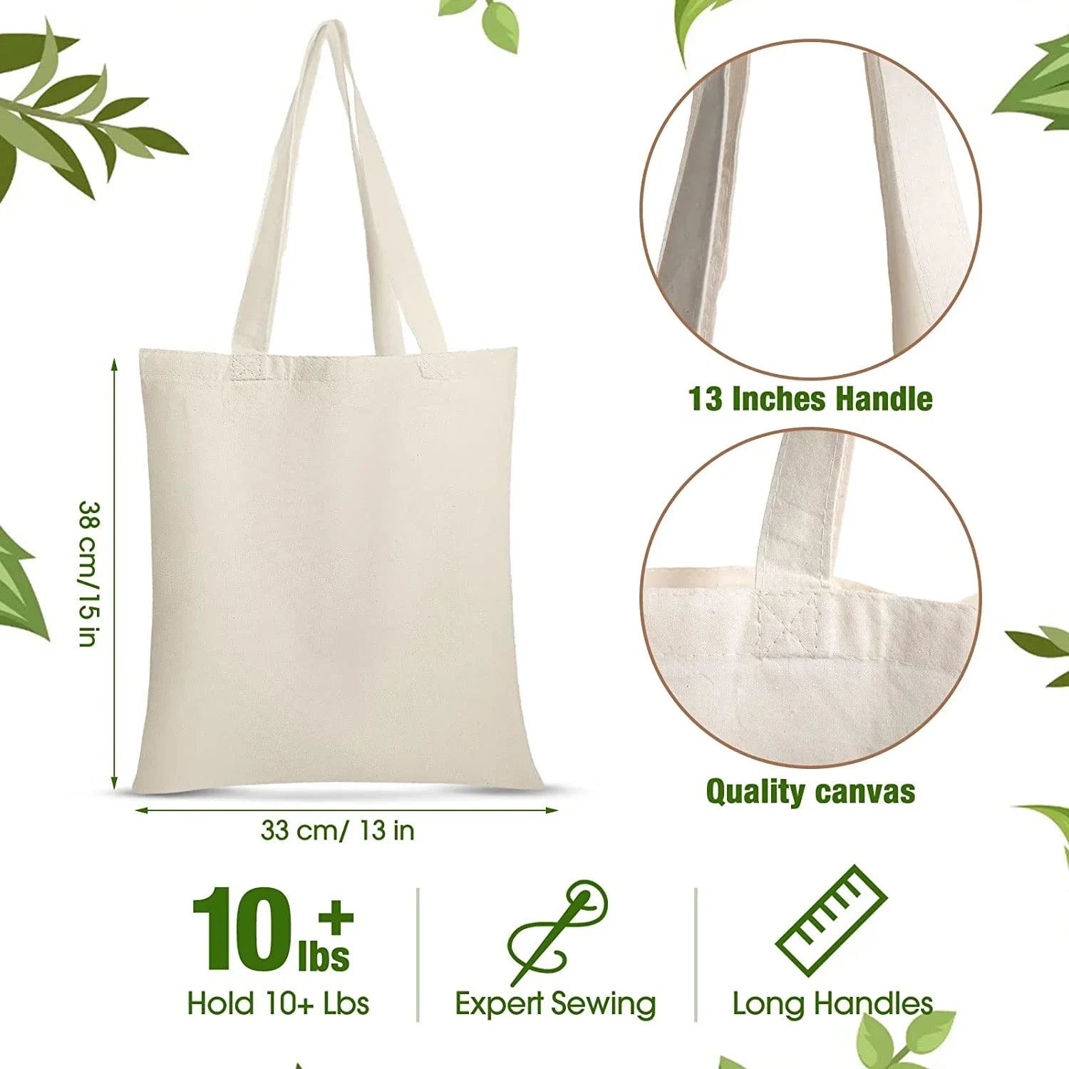 Blank Pack Canvas with 15 Gift 13 x Reusable Bag Bag 36 Bulk Inch Christmas Cloth Handles DIY Bag Cotton Lightweight for Grocery Tote for Shopping Crafts Activity Women Advertising
