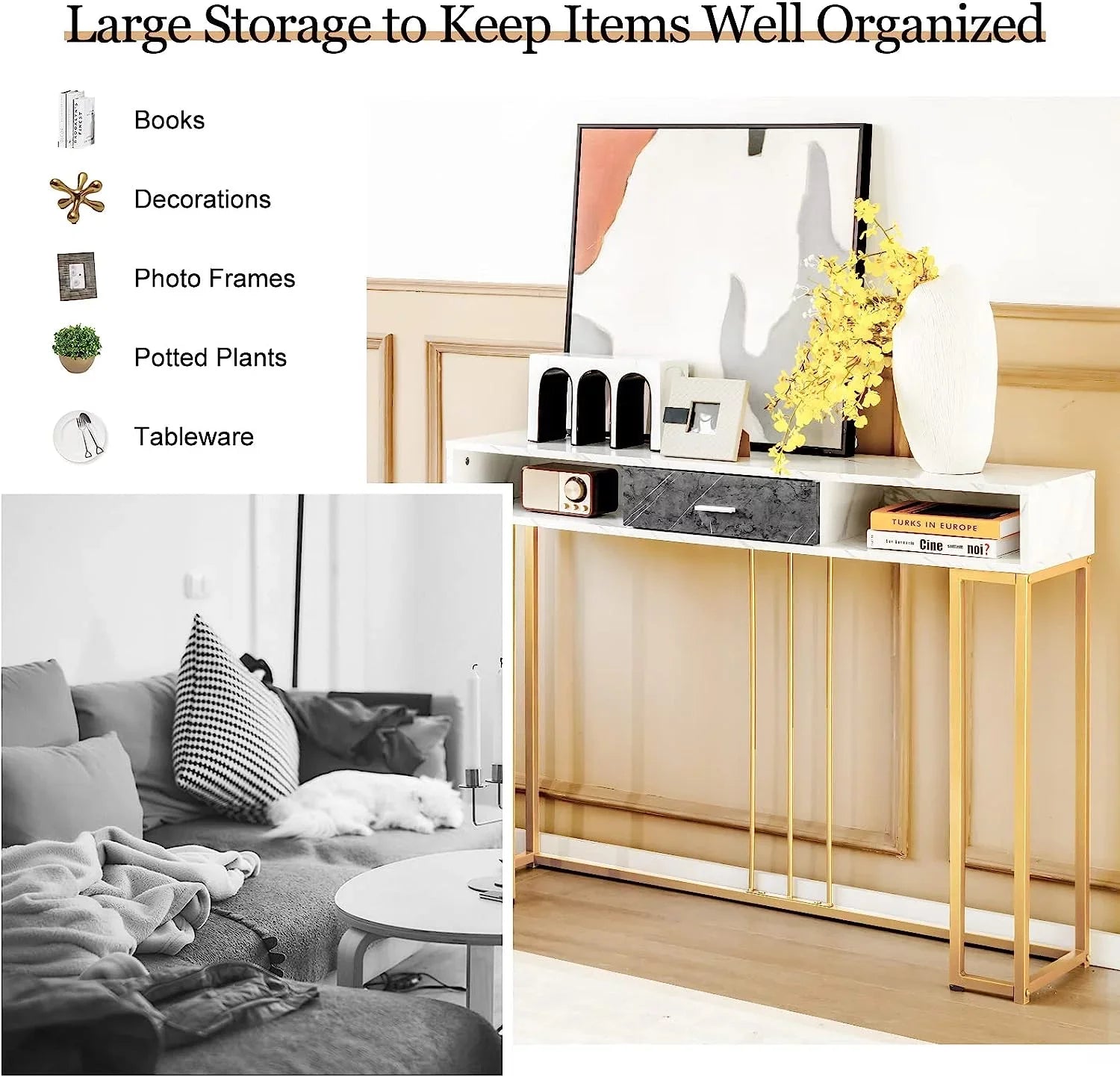 Sofa Drawer NLTBONNIE Kitchen with Table Faux &amp; - Adjustable Foyer Table for Hallway Room Pads &amp; Marble Entryway Room Anti-Toppling Console with Living Foot Device Dining Ent