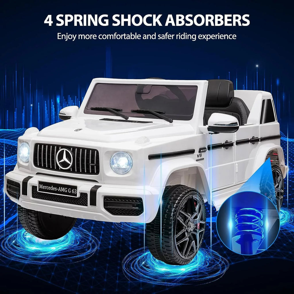 Control, Kids Horn, LED Music, Lock Car, Benz Electric Licensed Electric Battery Car on Spring Vehicle, 12V Mercedes w/Remote Powered Bluetooth, Suspension, AUX, Safety G63 Light, Ride White