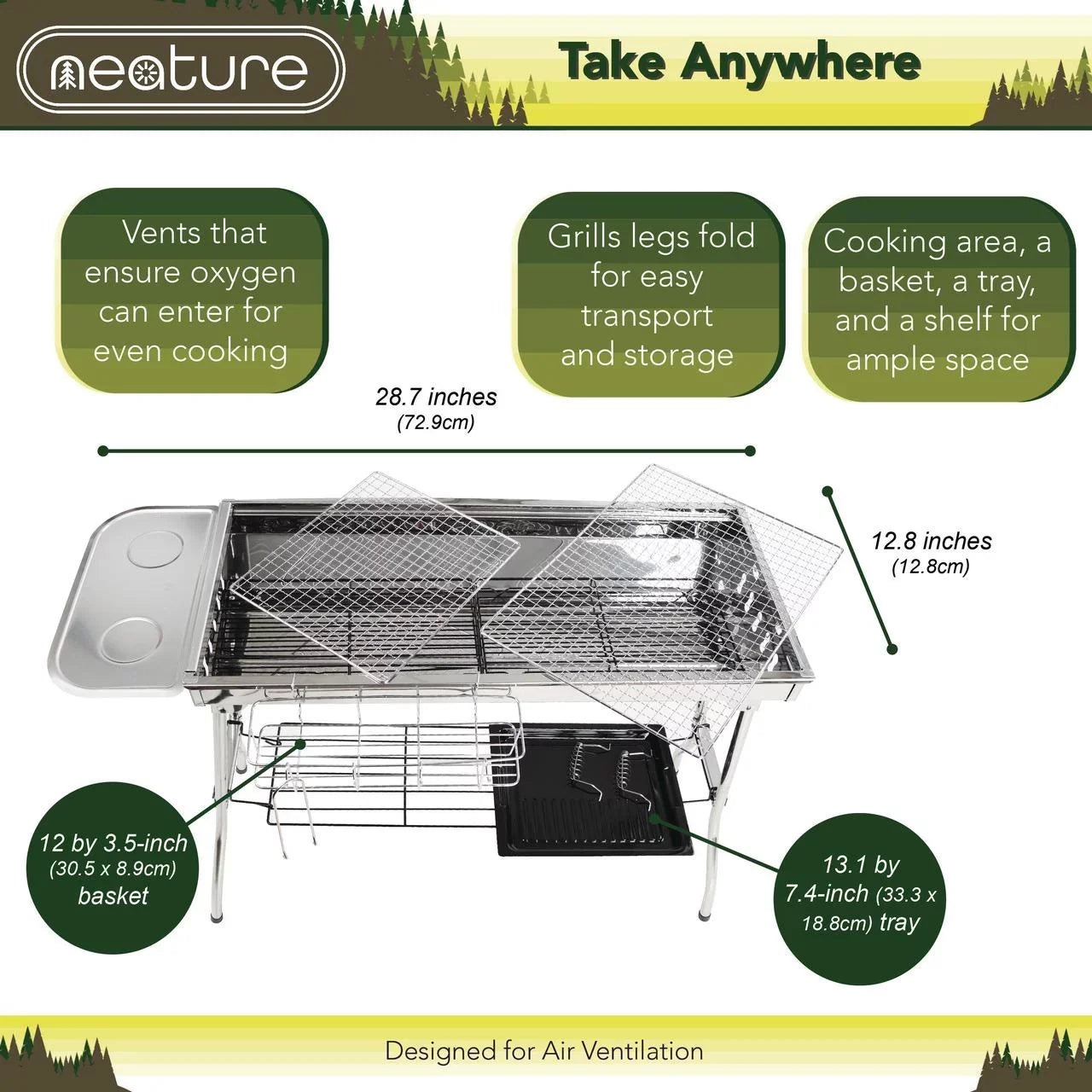 BBQ - Grill 26.8in Tall Foldable Portable Grill Camping for Charcoal Neature